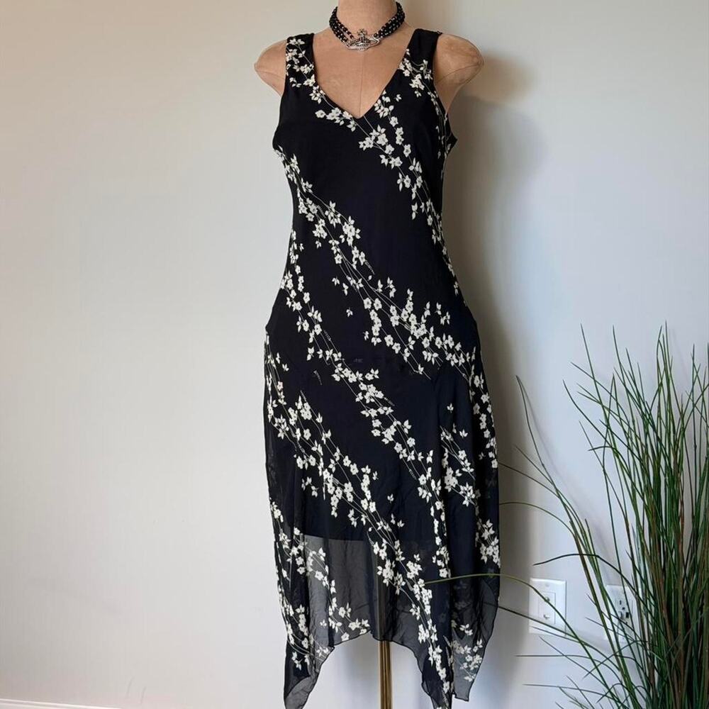Black floral asymmetrical midi dress